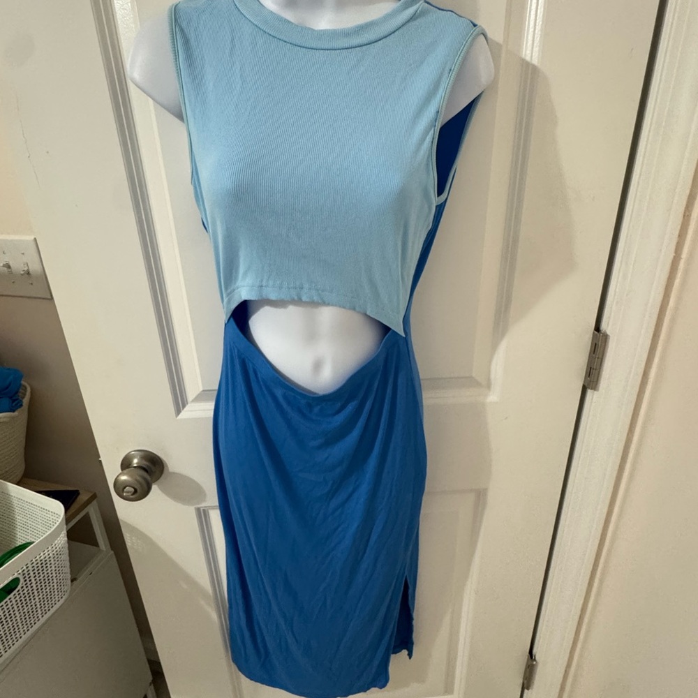 Blue ribbed Sleeveless Cutout Dress